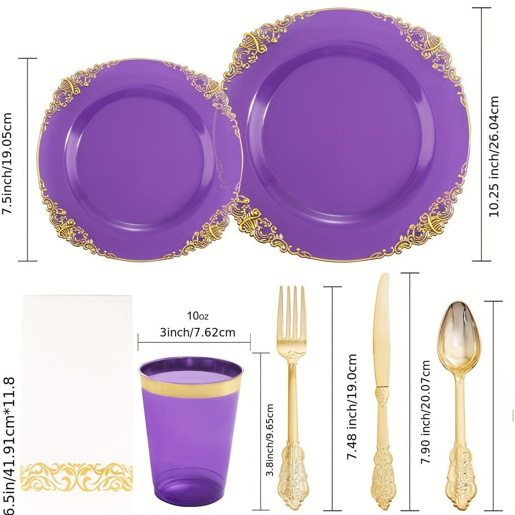 Showlu Fashion Store Nervure 175-piece purple and gold plastic dinnerware set with plates, cups, utensils, and napkins for 25 guests