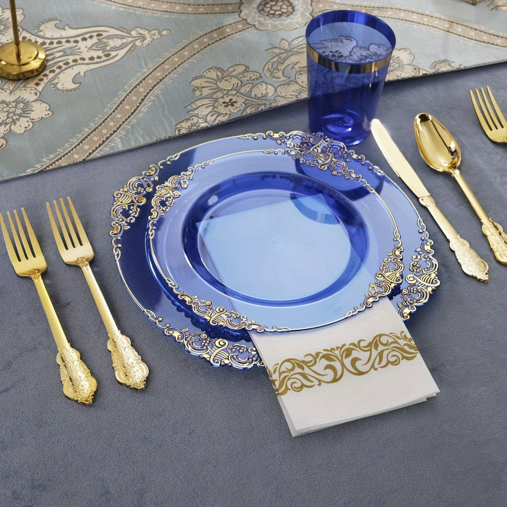 Nervure gold plastic dinnerware set for 25 guests with purple, blue, and clear plates, cups, utensils, and napkins for events