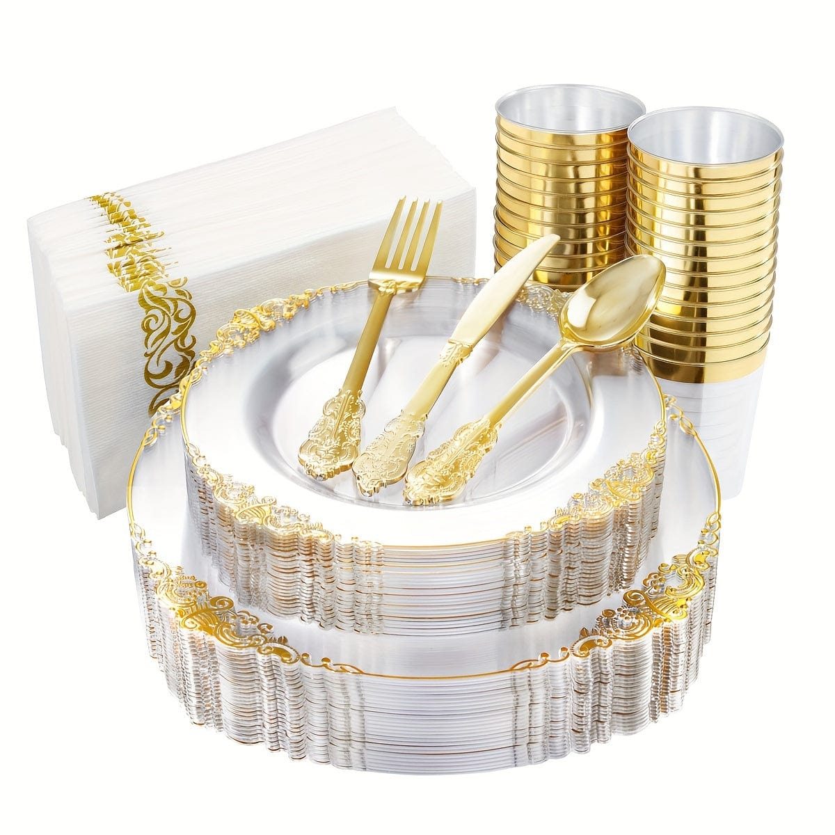 Nervure gold plastic dinnerware set for 25 guests, includes purple and clear plates, cups, utensils, and napkins for parties.