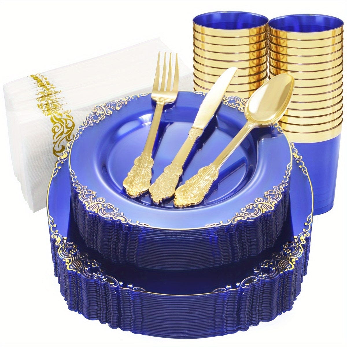 Nervure 175-piece purple and gold plastic dinnerware set for 25 guests, includes plates, cups, utensils, and napkins for parties.