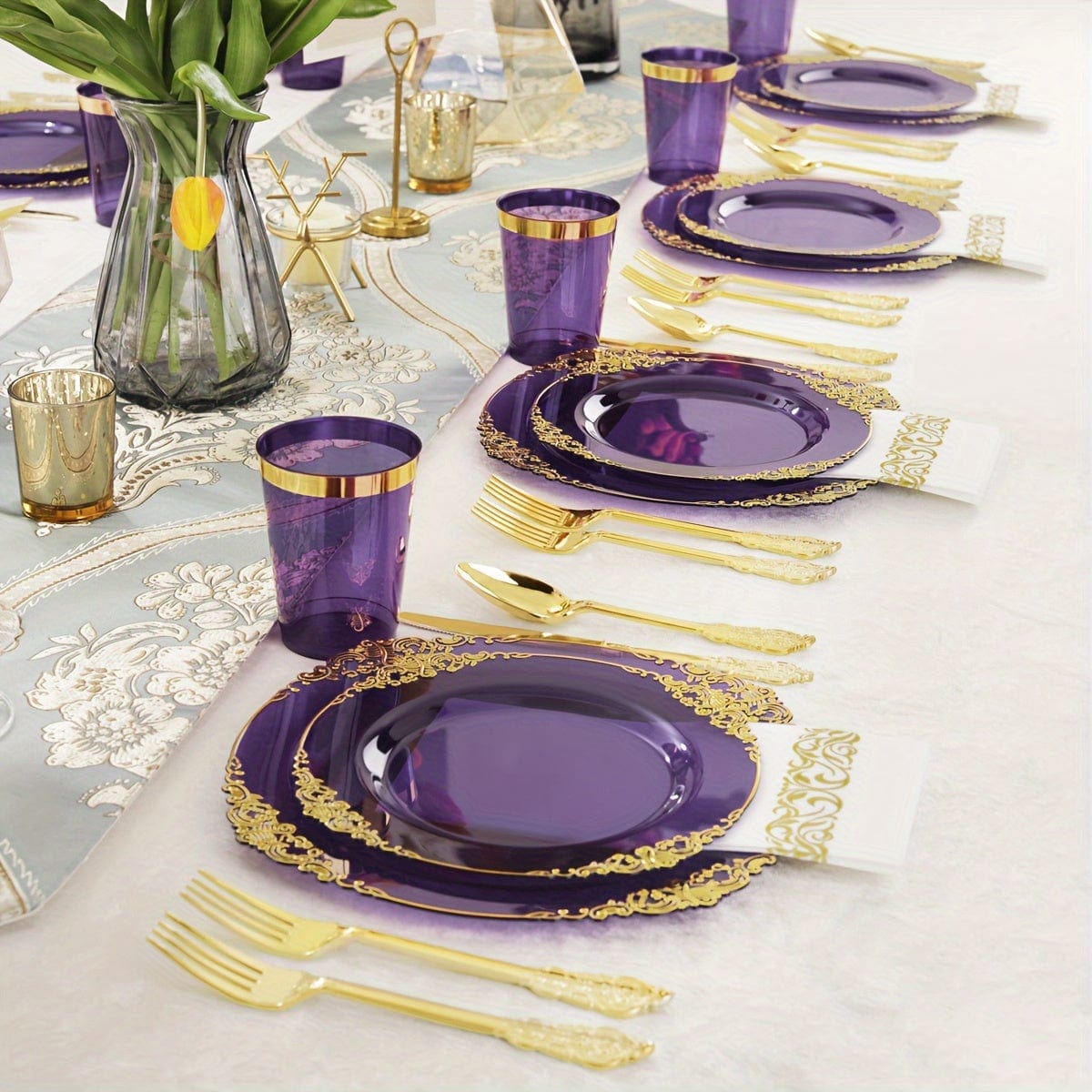 Nervure 175-Piece Gold Plastic Dinnerware Set for 25 guests with purple and blue plates, cups, cutlery, and napkins for parties
