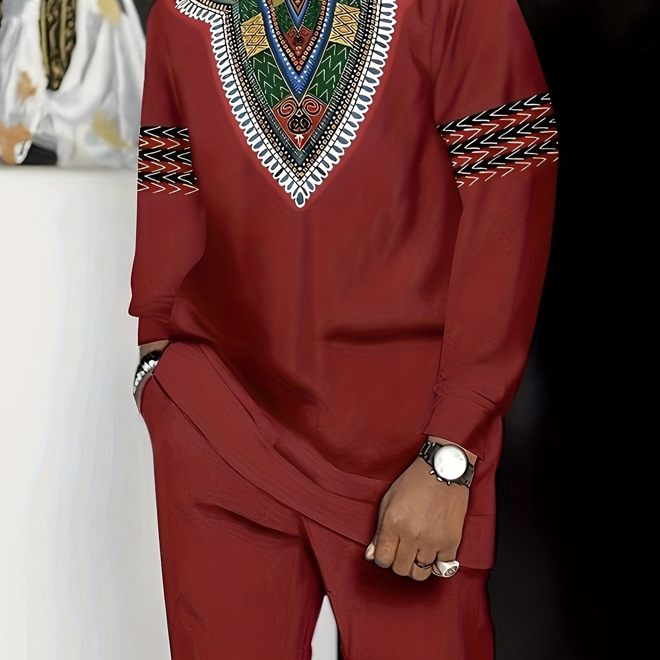 SHOWLU Men's African-Inspired Knit Suit in white polyester, plus size set featuring traditional patterns and a tailored fit.