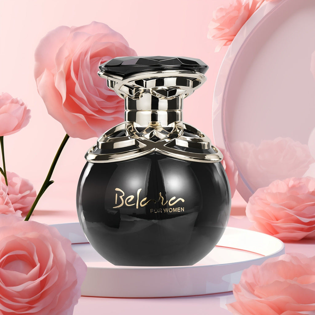 Belara Women's Black Gold Perfume in a floral apple-shaped bottle, showcasing fresh floral scent and elegant design.