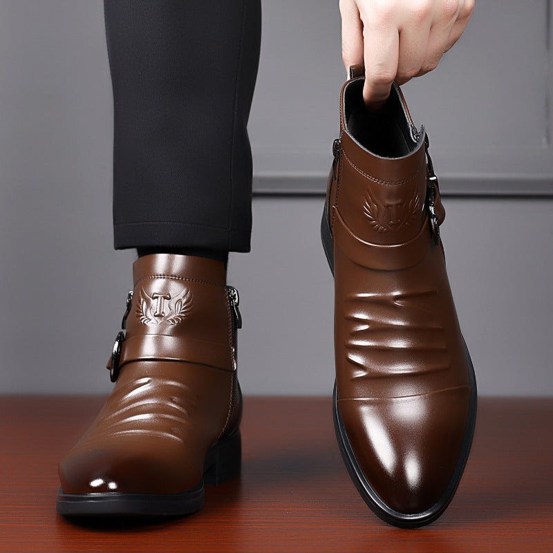 DAOD men's vintage western biker boots with pointed toe and side zipper, ankle length leather footwear by Showlu Fashion Store