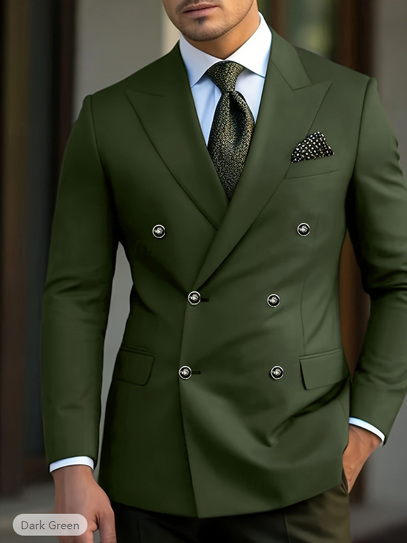 Dark green men's double-breasted slim fit wedding blazer by SHOWLU FASHION STORE, tailored with sharp lapels and structured fit.