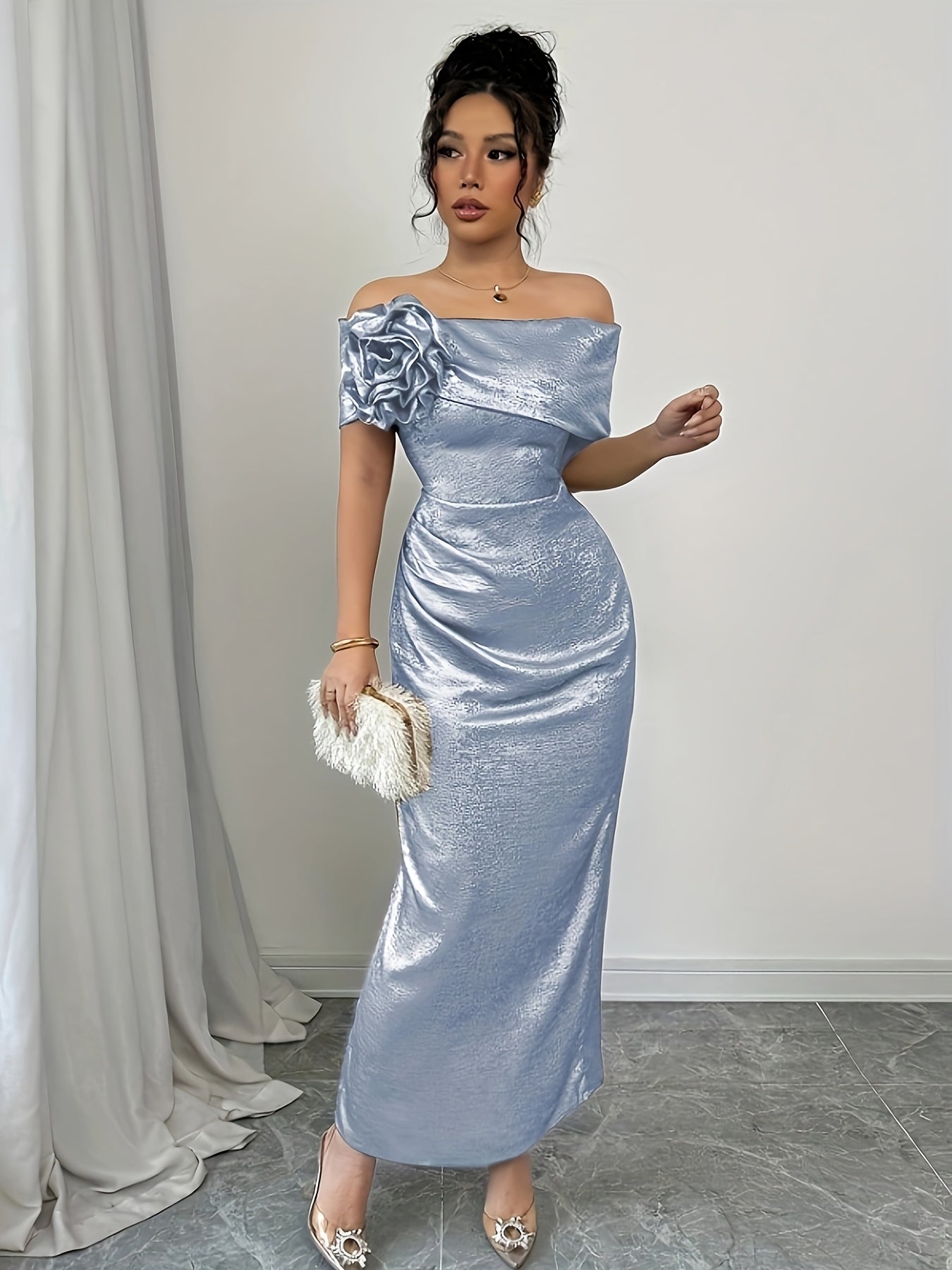 Red off-shoulder bodycon maxi dress with low slit from SHOWLU FASHION, featuring a fitted silhouette and elegant design.