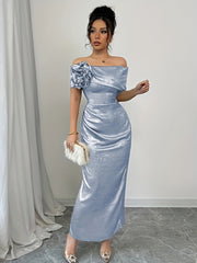 [Elegant Bodycon Dress] Red Women's Elegant Off-Shoulder Bodycon Maxi Dress | Ruching Detail, Low Slit, Waist-Cinching, Perfect for Spring/Summer Events, Formal Event Attire