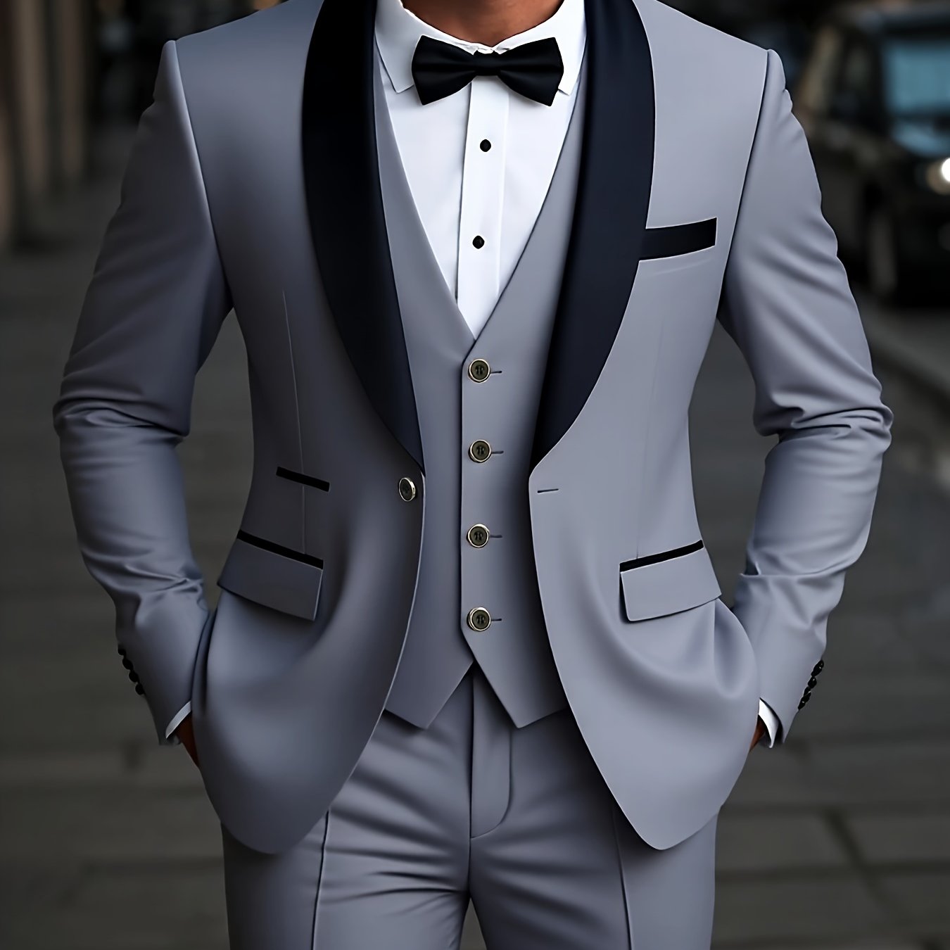 SHOWLU FASHION men's 3-piece suit with shawl collar jacket, vest, and pants, displayed on a hanger against a neutral background.