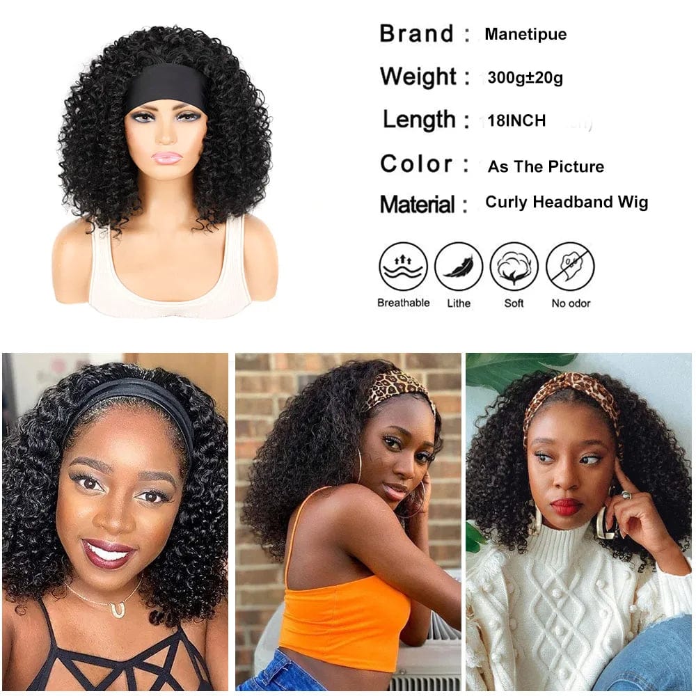 SHOWLU FASHION STORE Manetique 18-inch kinky curly headband wig with ombre afro curls and scarf, natural synthetic fluffy turban wig for women