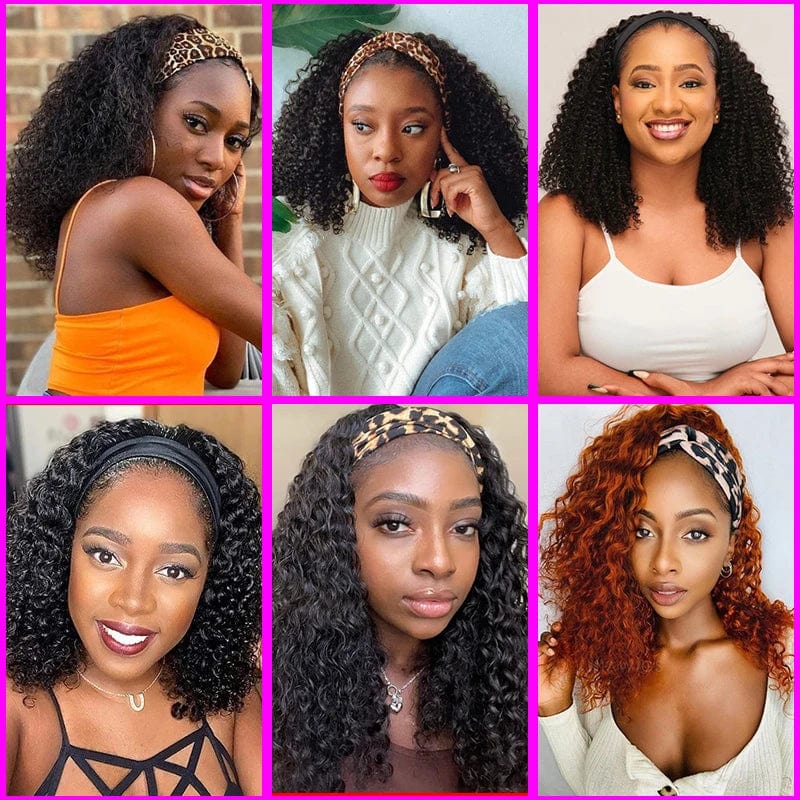 18 Inch Kinky Curly Headband Wig Ombre Afro Curly Wig with Scarf Natural Synthetic Fluffy Curly Turban Wigs for Women Cosplay - SHOWLU FASHION STORE