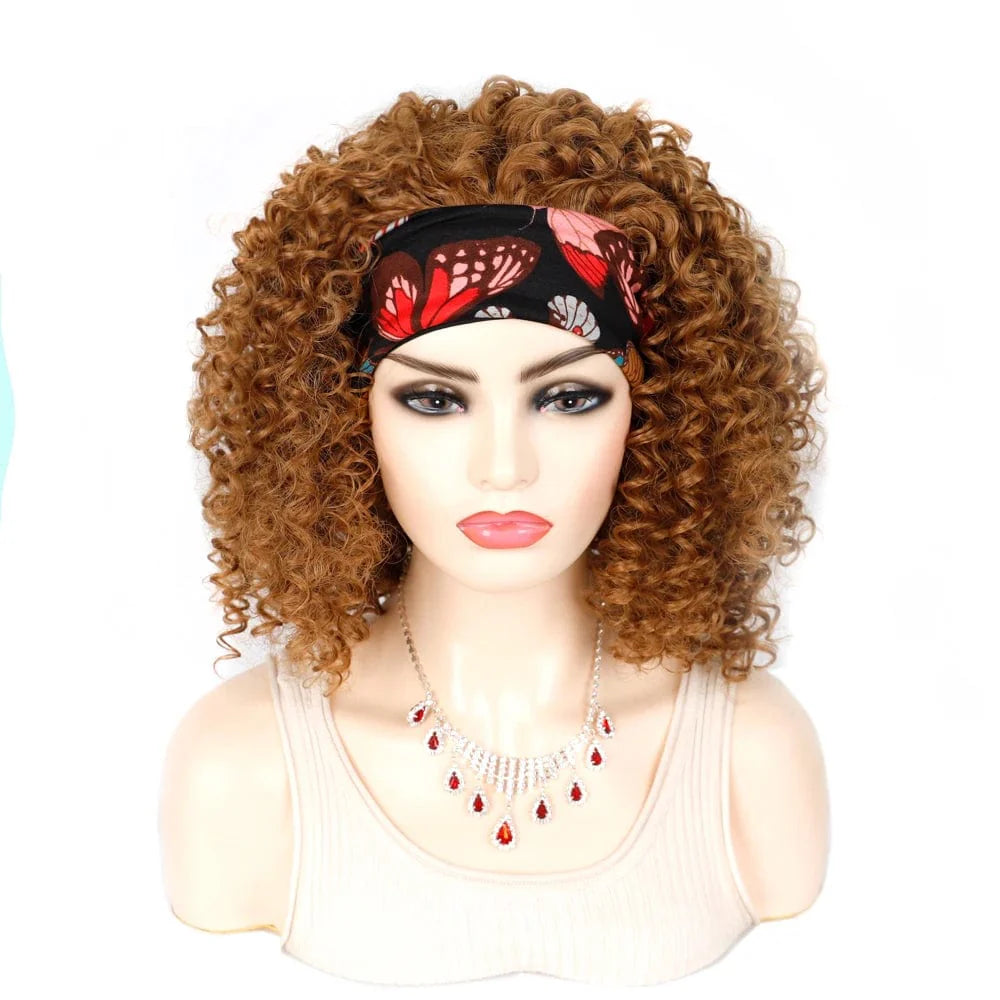 SHOWLU FASHION STORE Manetique 18-Inch Kinky Curly Headband Wig with ombre Afro curls and matching scarf for women.