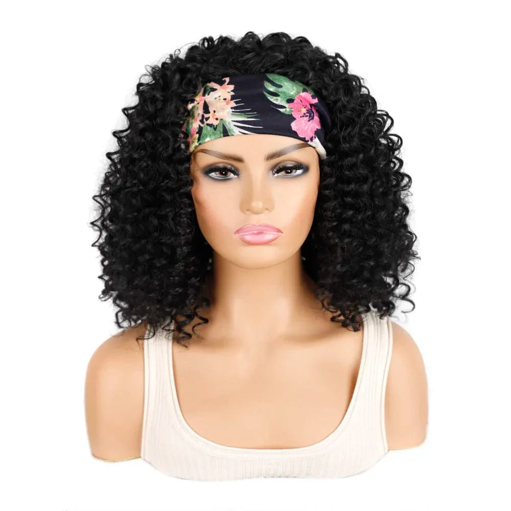 SHOWLU Fashion 18-inch kinky curly headband wig with ombre afro curls and scarf, natural synthetic fluffy turban wig for women.