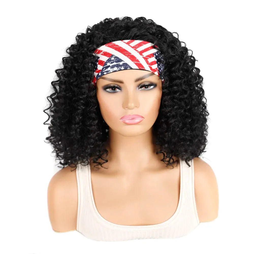SHOWLU FASHION STORE Manetique 18-inch kinky curly ombre afro headband wig with scarf, natural synthetic fluffy curly turban for women.