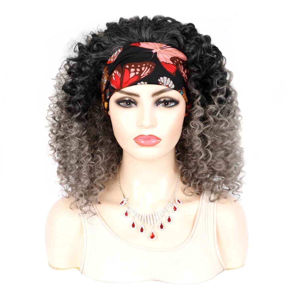 18 Inch Kinky Curly Headband Wig Ombre Afro Curly Wig with Scarf Natural Synthetic Fluffy Curly Turban Wigs for Women Cosplay - SHOWLU FASHION STORE