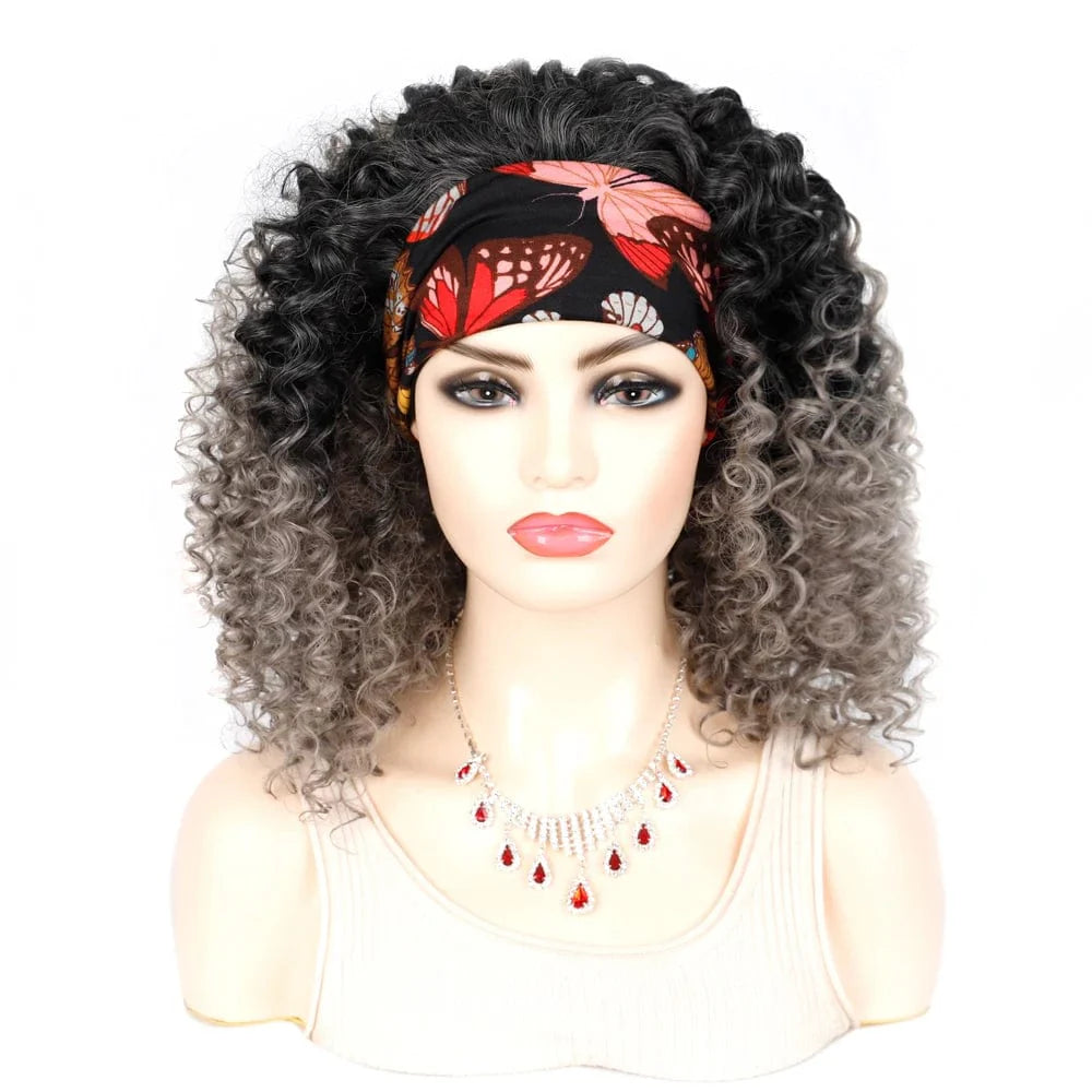 SHOWLU FASHION STORE Manetique 18-inch kinky curly headband wig with ombre Afro texture, fluffy synthetic curls, and matching turban for women