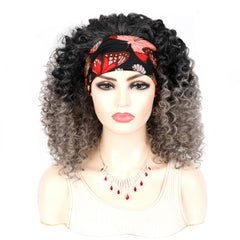 18 Inch Kinky Curly Headband Wig Ombre Afro Curly Wig with Scarf Natural Synthetic Fluffy Curly Turban Wigs for Women Cosplay - SHOWLU FASHION STORE
