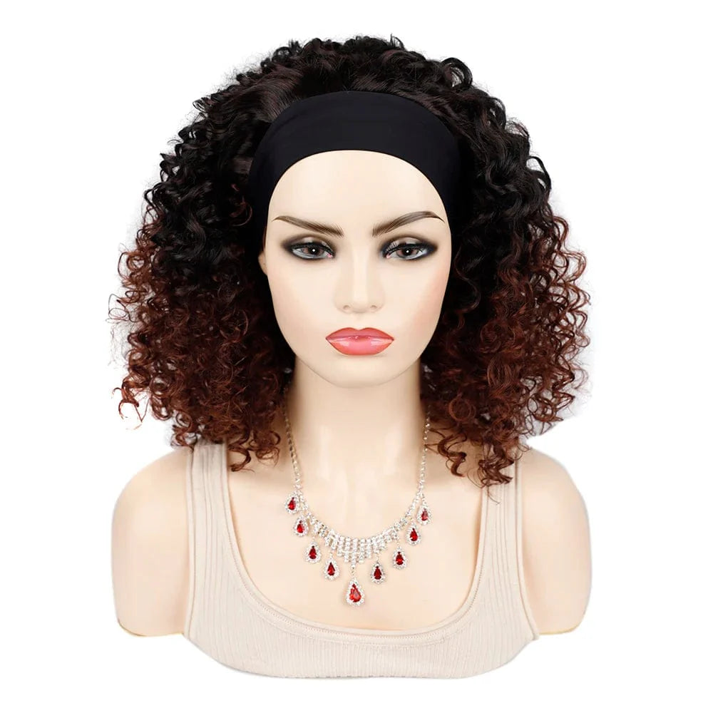 SHOWLU FASHION STORE Manetique 18-inch kinky curly headband wig with ombre afro curls and scarf for women’s cosplay and casual styling.
