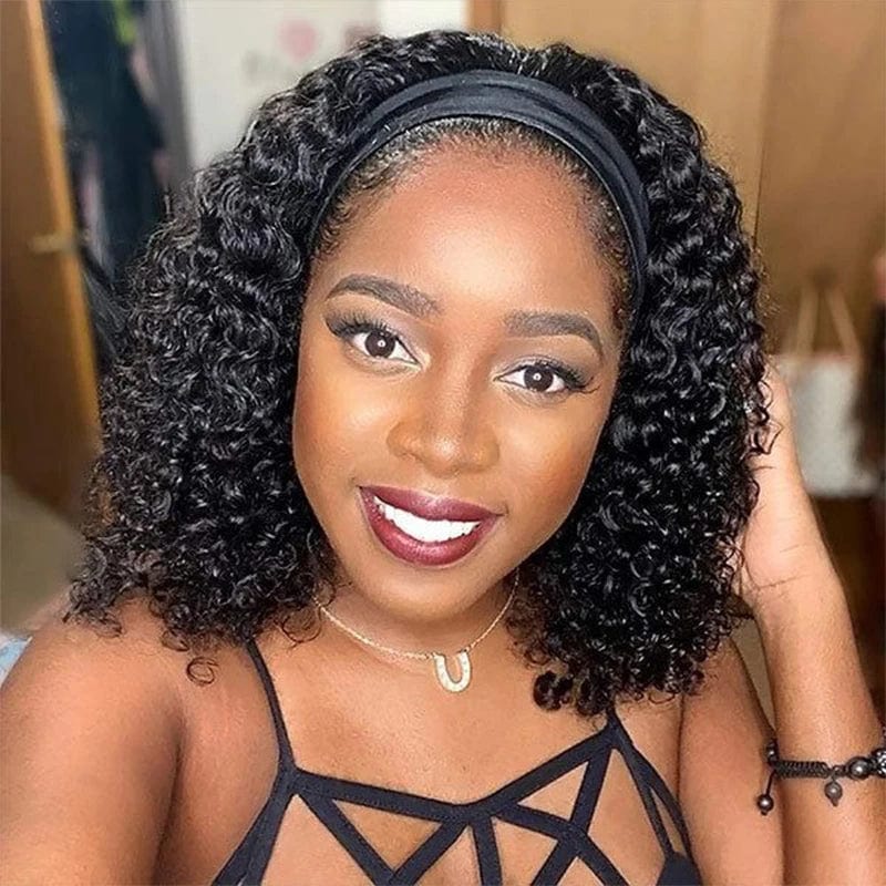 SHOWLU FASHION STORE Manetique 18-inch kinky curly headband wig with ombre Afro design, fluffy curls, and matching scarf for women.