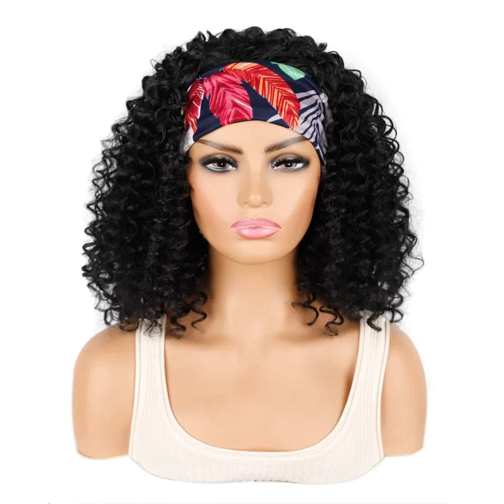 SHOWLU FASHION STORE Manetique 18-inch kinky curly headband wig with ombre afro texture and matching scarf for women.