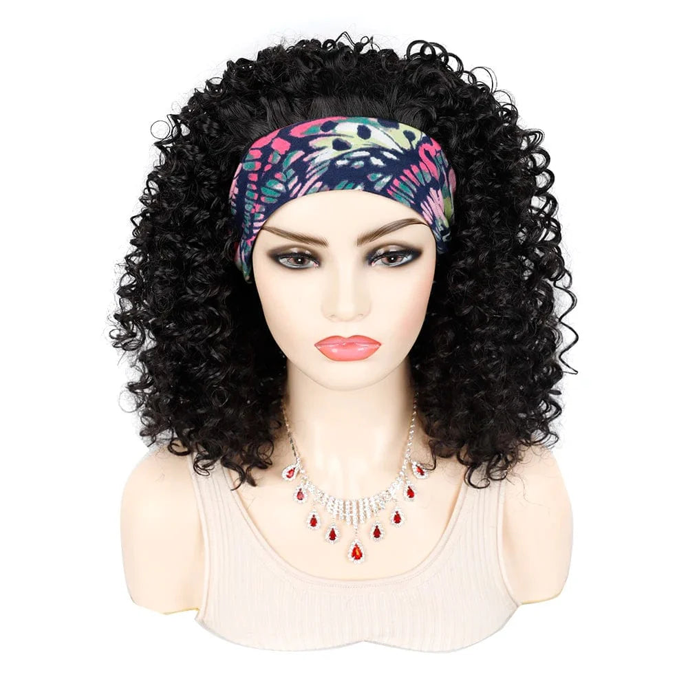 SHOWLU FASHION STORE Manetique 18-inch kinky curly headband wig with ombre Afro style, fluffy synthetic curls and matching scarf.