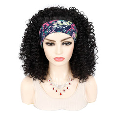 18 Inch Kinky Curly Headband Wig Ombre Afro Curly Wig with Scarf Natural Synthetic Fluffy Curly Turban Wigs for Women Cosplay - SHOWLU FASHION STORE
