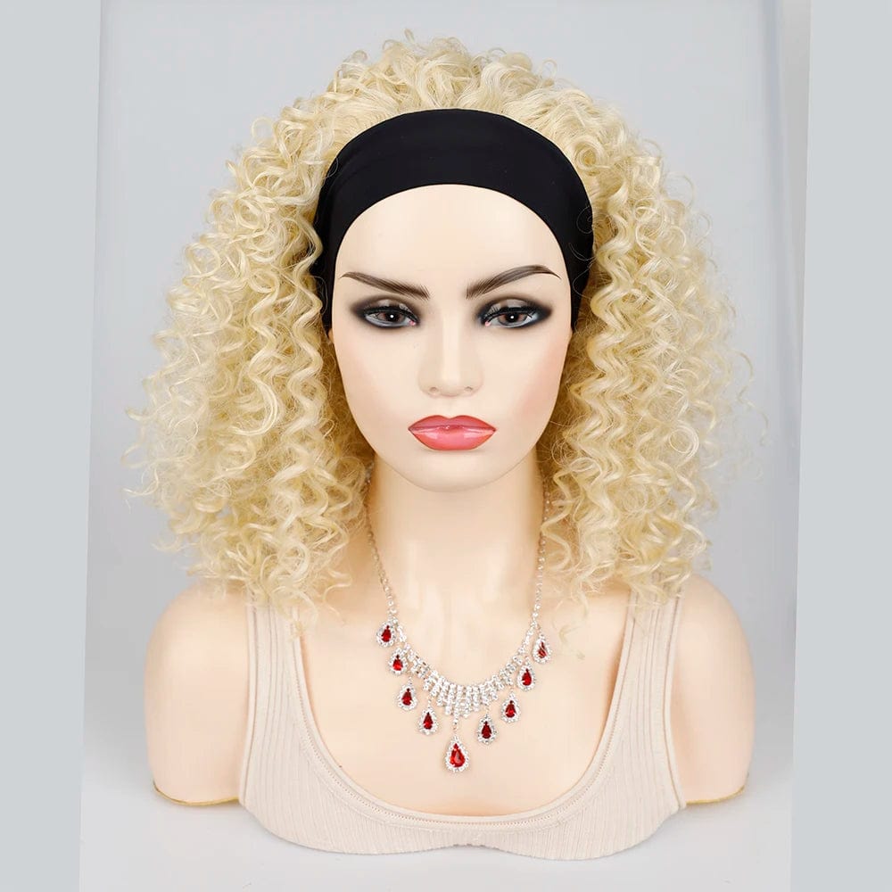 18 Inch Kinky Curly Headband Wig Ombre Afro Curly Wig with Scarf Natural Synthetic Fluffy Curly Turban Wigs for Women Cosplay - SHOWLU FASHION STORE