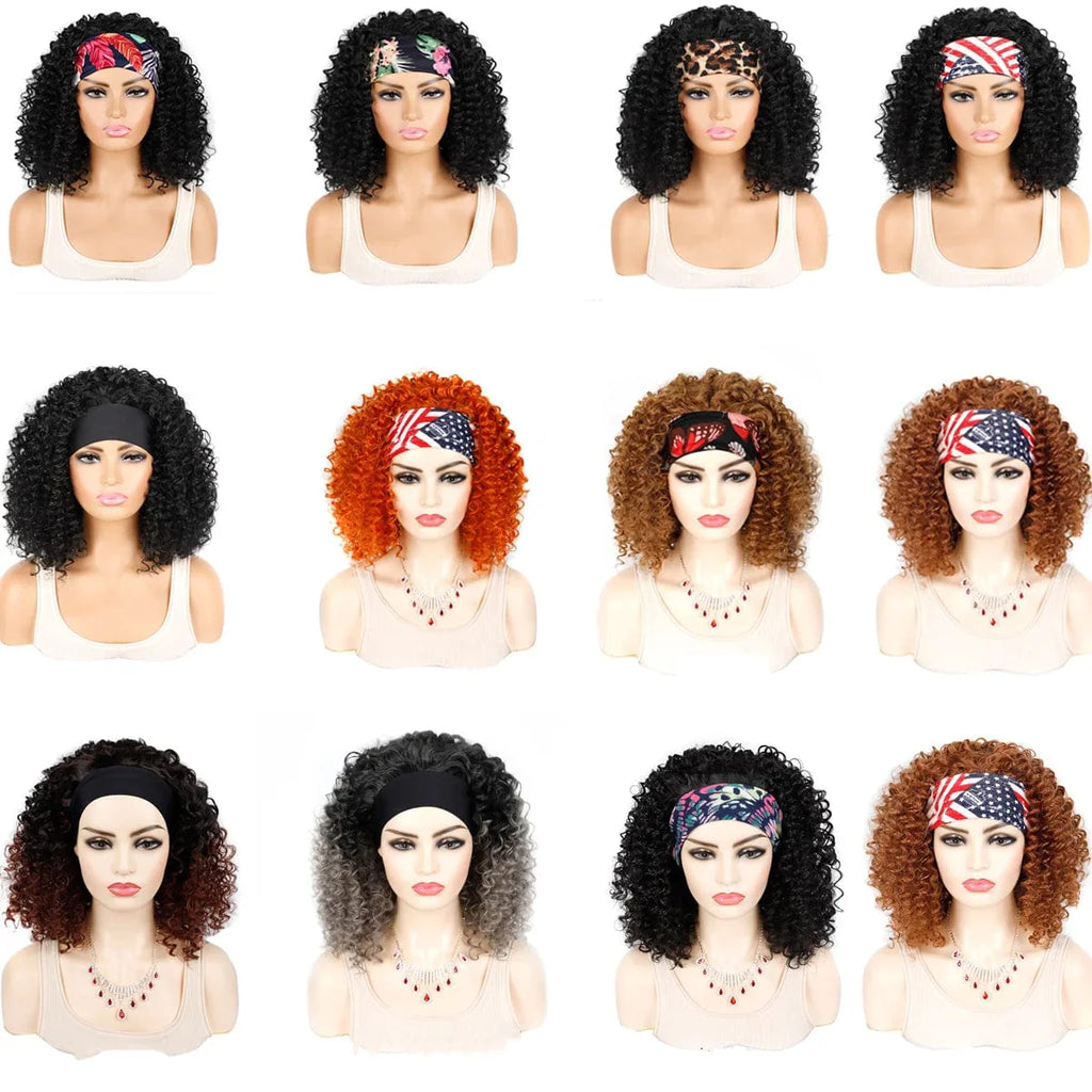 SHOWLU FASHION STORE Manetique 18-inch kinky curly headband wig with ombre afro style, natural synthetic fluffy curls, and turban design.