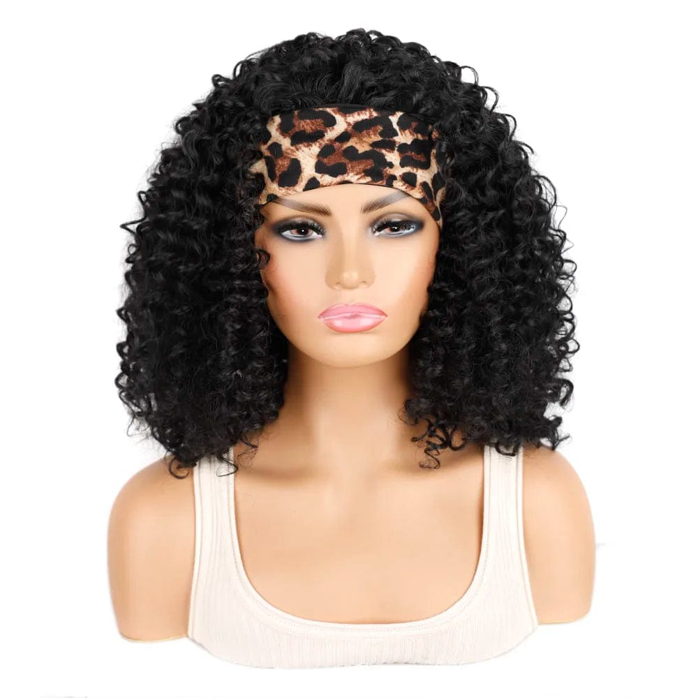 18 Inch Kinky Curly Headband Wig Ombre Afro Curly Wig with Scarf Natural Synthetic Fluffy Curly Turban Wigs for Women Cosplay - SHOWLU FASHION STORE