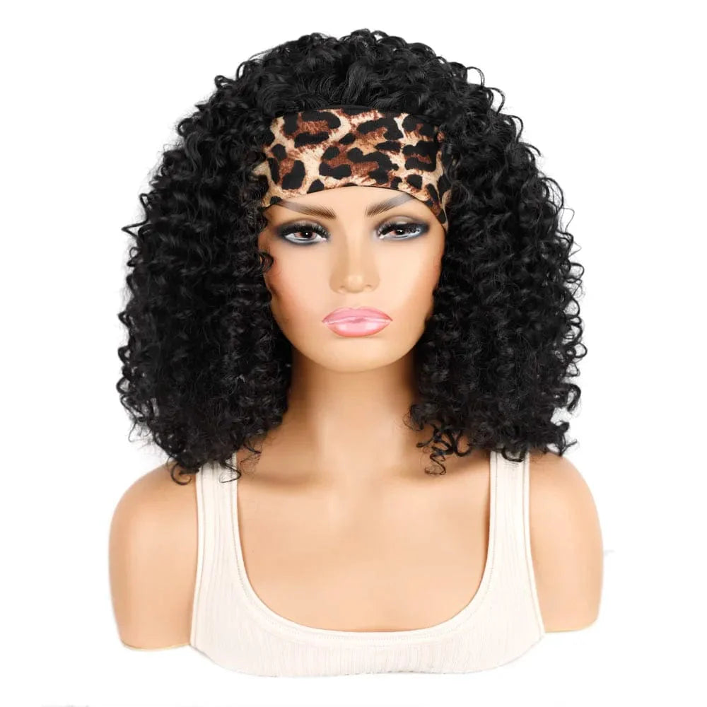 Manetique 18-inch kinky curly ombre afro headband wig with scarf, natural synthetic fibers, fluffy curls, for women and cosplay