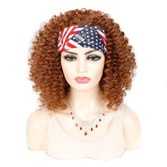 18 Inch Kinky Curly Headband Wig Ombre Afro Curly Wig with Scarf Natural Synthetic Fluffy Curly Turban Wigs for Women Cosplay - SHOWLU FASHION STORE