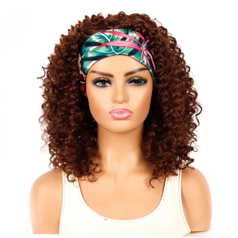 SHOWLU FASHION STORE Manetique 18-inch kinky curly ombre headband wig with fluffy afro curls and matching scarf for women.