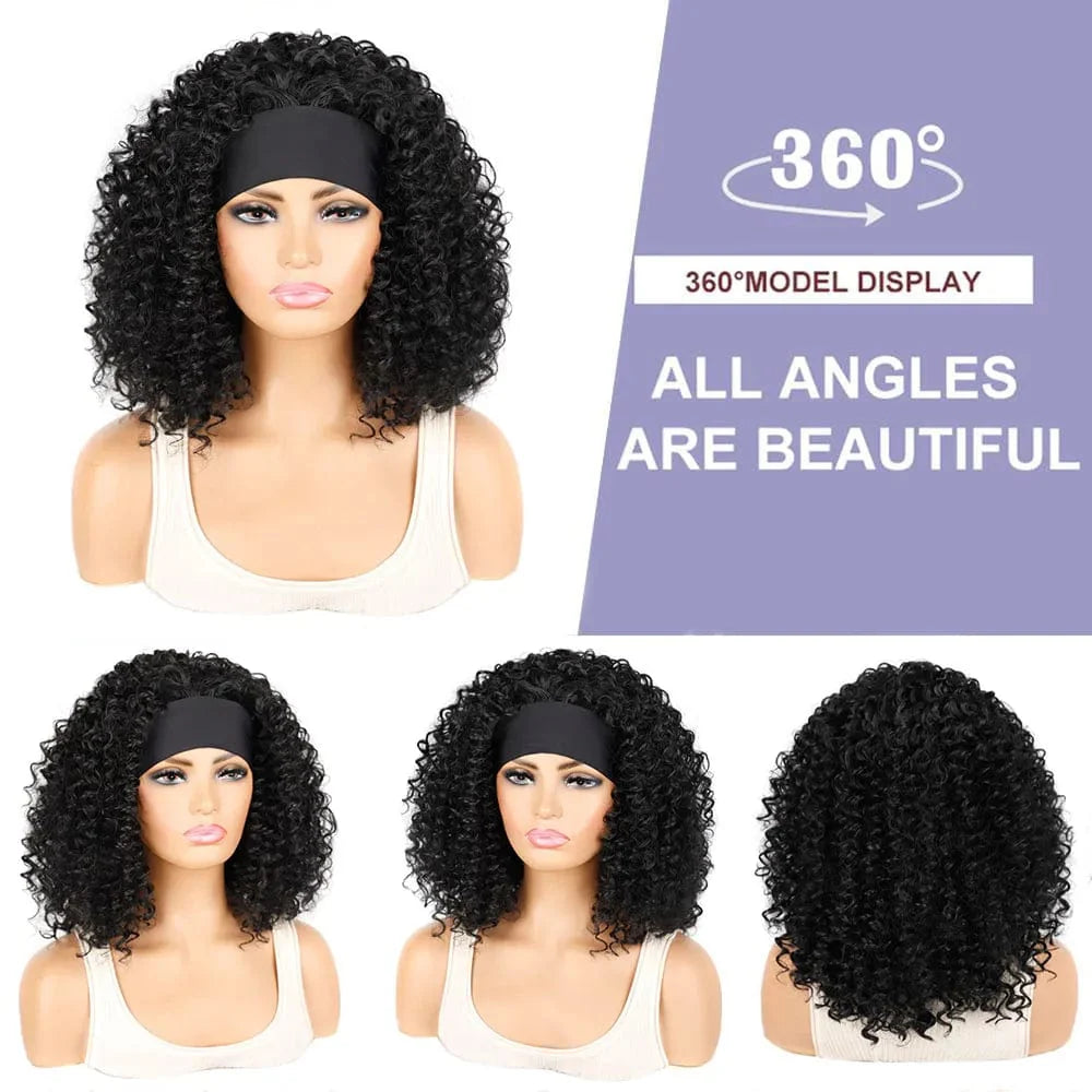 SHOWLU FASHION STORE Manetique 18-inch kinky curly headband wig in ombre afro style with scarf, natural synthetic fluffy curly turban wig for women