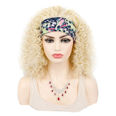18 Inch Kinky Curly Headband Wig Ombre Afro Curly Wig with Scarf Natural Synthetic Fluffy Curly Turban Wigs for Women Cosplay - SHOWLU FASHION STORE