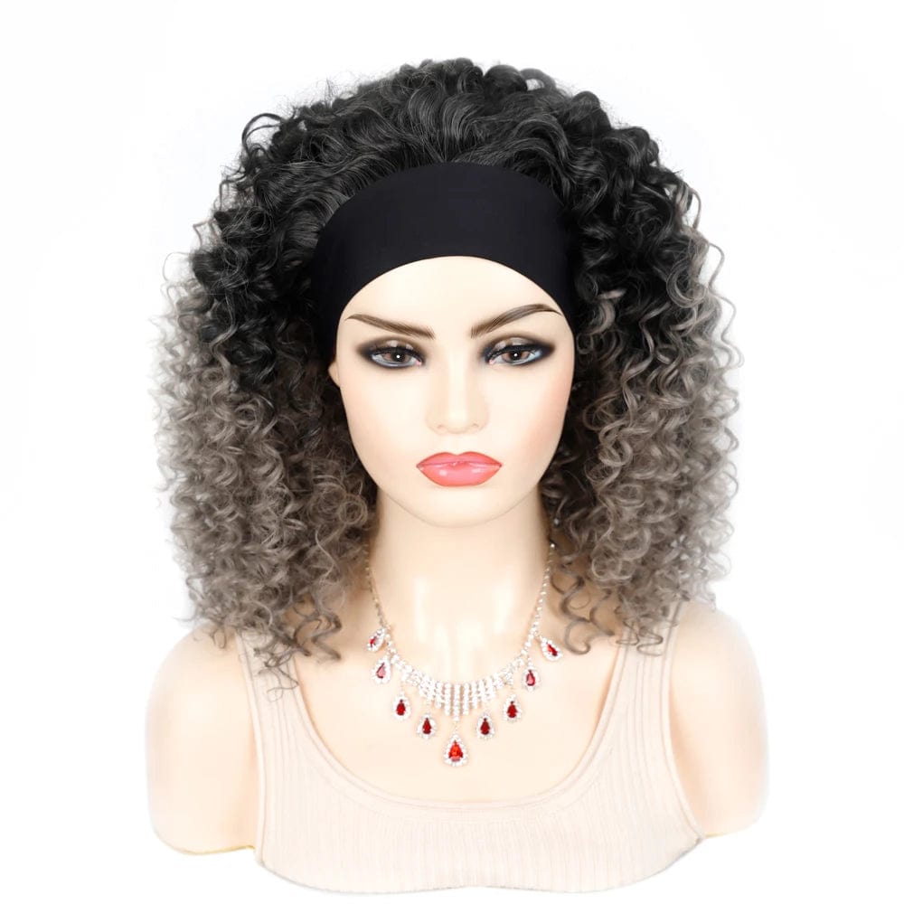 18 Inch Kinky Curly Headband Wig Ombre Afro Curly Wig with Scarf Natural Synthetic Fluffy Curly Turban Wigs for Women Cosplay - SHOWLU FASHION STORE