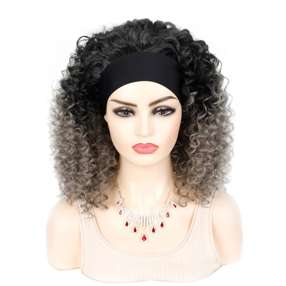 SHOWLU FASHION STORE Manetique 18-inch kinky curly ombre headband wig with scarf, synthetic fluffy afro turban for women.