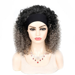 18 Inch Kinky Curly Headband Wig Ombre Afro Curly Wig with Scarf Natural Synthetic Fluffy Curly Turban Wigs for Women Cosplay - SHOWLU FASHION STORE