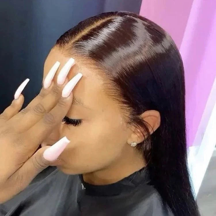 Showlu Fashion straight HD lace front wig made of 100% Brazilian virgin human hair, pre-plucked, transparent, and glueless.