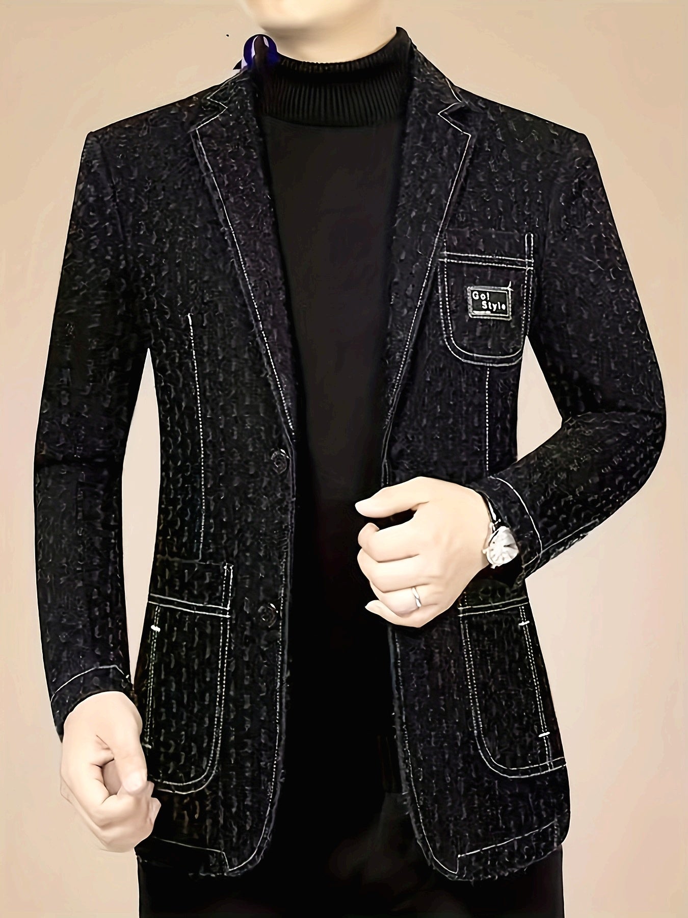 SHOWLU Men's denim blazer with loose fit and polka dot pattern, casual jacket for stylish everyday wear