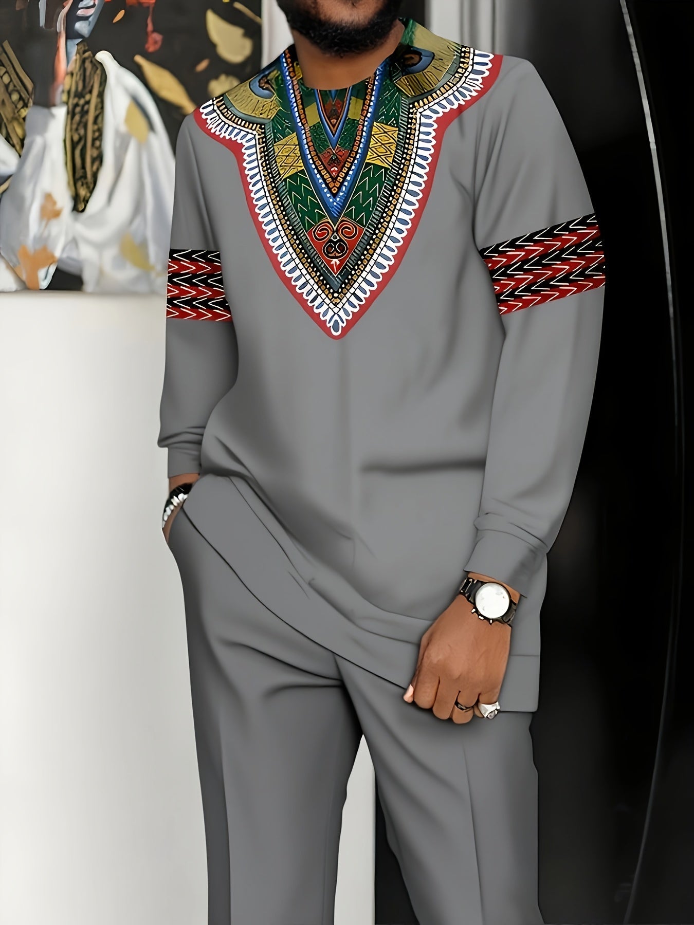 SHOWLU Men's African-inspired knit suit in white polyester, plus size set with intricate patterns and tailored fit.
