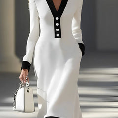 Elegant Women's V-Neck Midi Dress with Contrast Black Trim & Pockets - Long Sleeve A-Line Skirt, Button Detail, Machine Washable Work Commute Dress for Spring Summer Fall, Nontransparent Material, Medium Elasticity Fabric, Of