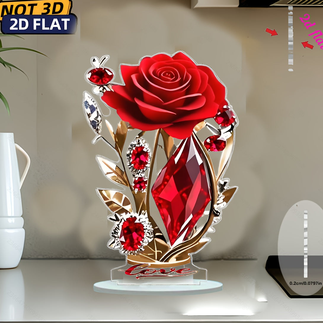 Showlu Fashion Wine Red Rose acrylic 2D flat tabletop floral decoration with detailed petals and vibrant color.
