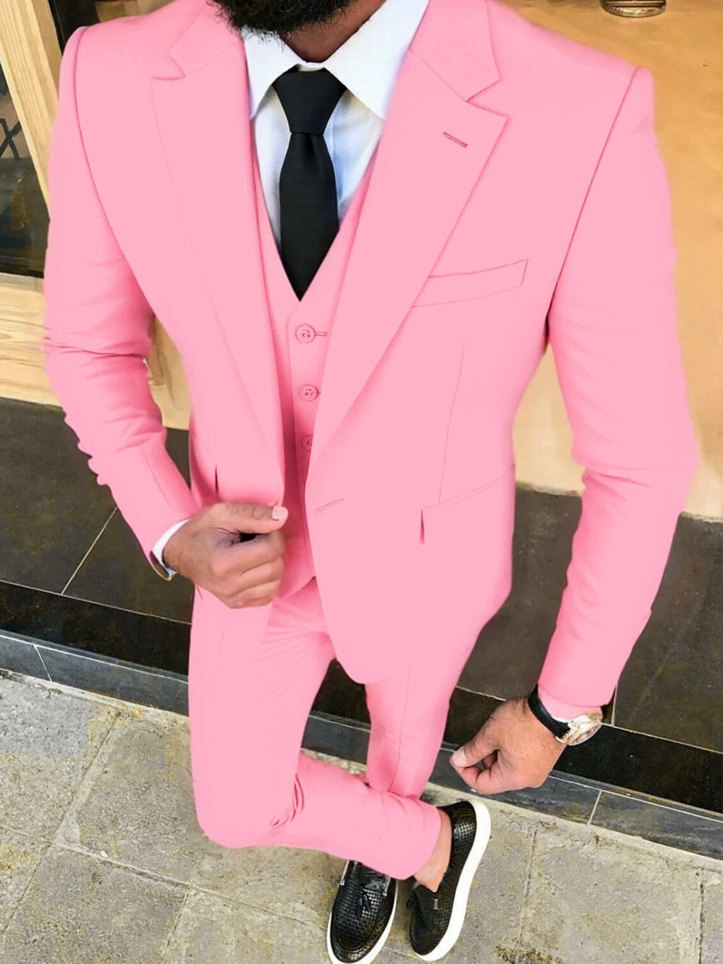 Men's SHOWLU FASHION 3-piece formal wedding suit with woven tuxedo fabric, including jacket, vest, and trousers.