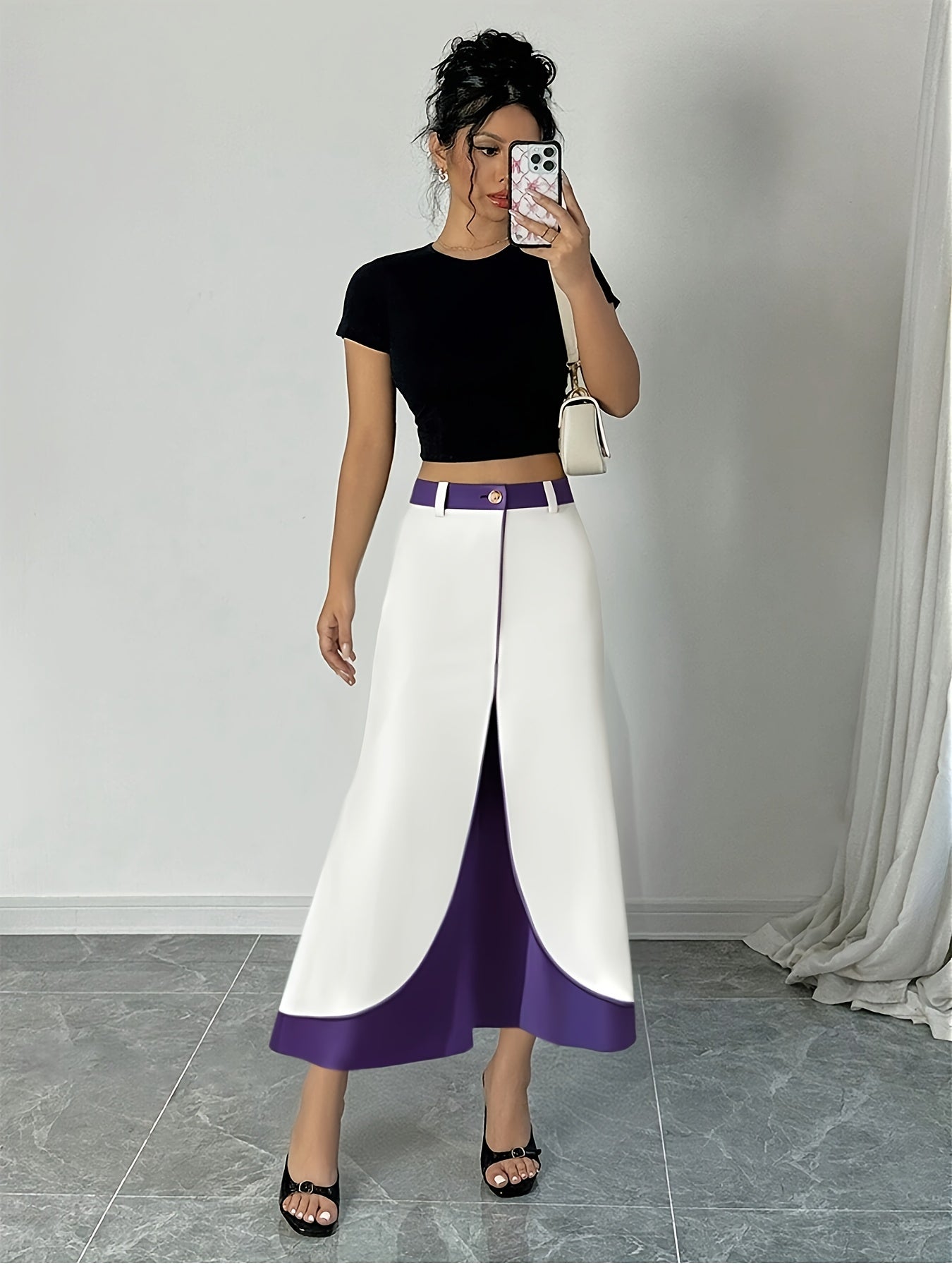 SHOWLU FASHION purple and white A-line skirt with color-block design, elegant and stylish women's fashion skirt.
