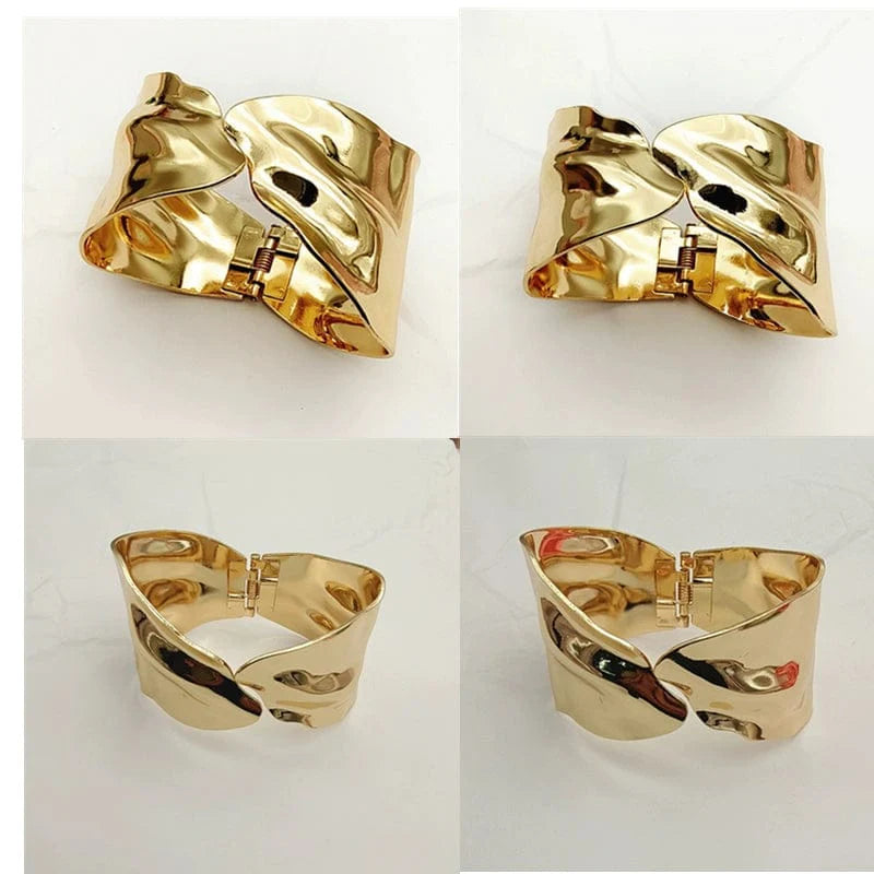 Showlu Fashion 18K gold plated hollow wide opening ring for women, featuring a stylish European and American design.