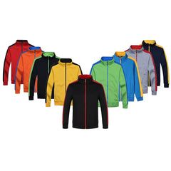 A collection of medical jackets in various colors arranged in a semi-circle.