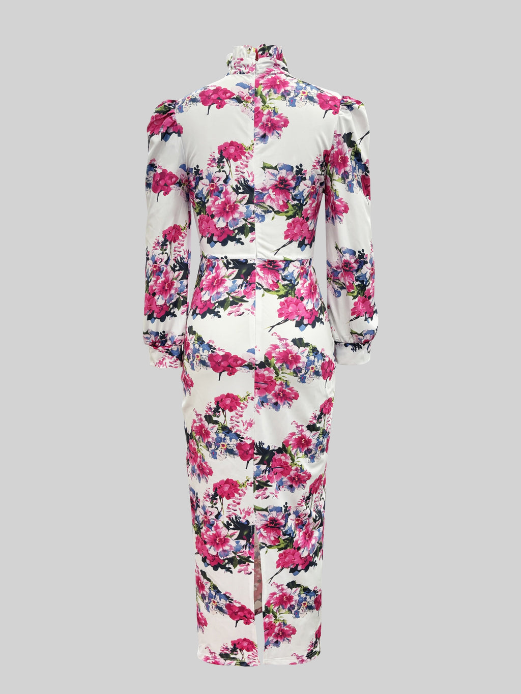 SHOWLU FASHION women's floral print sheath dress with stand collar, shown on a model, featuring vibrant floral pattern and fitted silhouette.