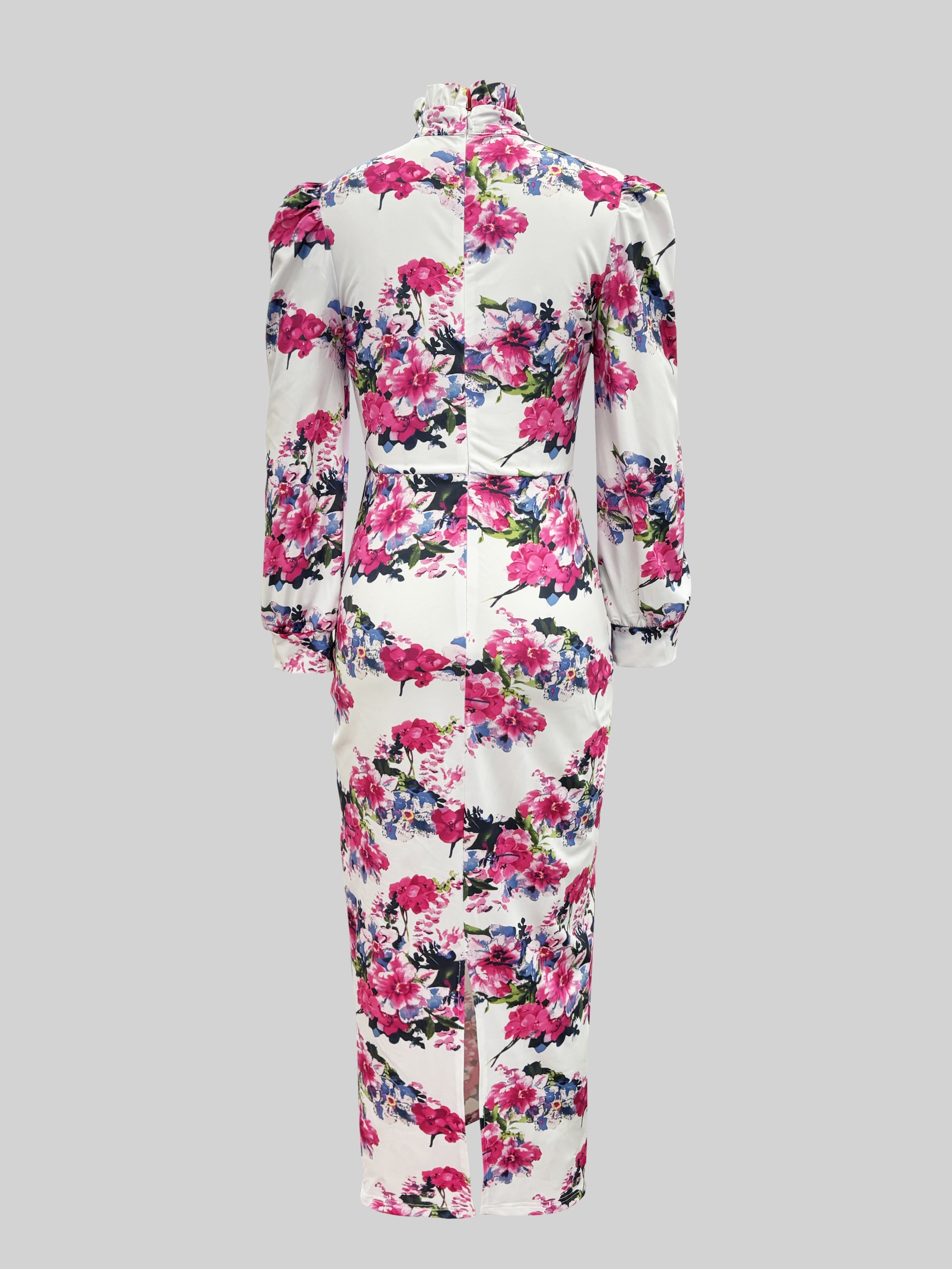 SHOWLU FASHION women's floral print sheath dress with stand collar, shown on a model, featuring vibrant floral pattern and fitted silhouette.