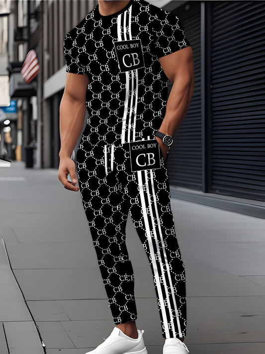 Zhiyu OBM Men's Summer Casual Sportswear 2pcs Set, Fashionable Round Neck Short Sleeve T-Shirt with Drawstring Pants