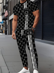 Zhiyu OBM Men's Summer Casual Sportswear 2pcs Set, Fashionable Round Neck Short Sleeve T-Shirt with Drawstring Pants