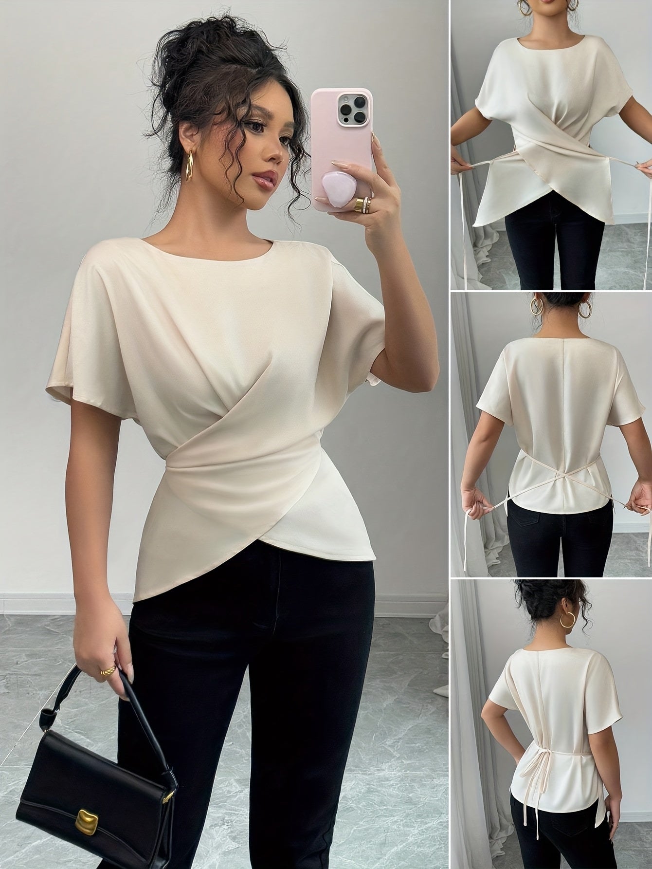 SHOWLU Women's off-shoulder asymmetrical hem blouse with short sleeves, stylish and casual top perfect for warm weather.